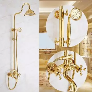 Tuqiu Golden Bathtub and Shower Faucet Brass Bath Shower Set Brass Bath Shower Set Brass Mounted 8 Rainfall Shower & Hand Shower Faucet Set