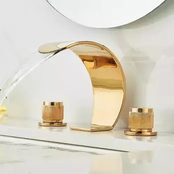 Tuqiu смеситель для ванной комнаты, золотой, широкий, 8-дюймовый, смеситель для раковины, латунный водопадный кран, смеситель для раковины с тремя отверстиями, смеситель для душа с горячей и холодной водой, кран для раковины