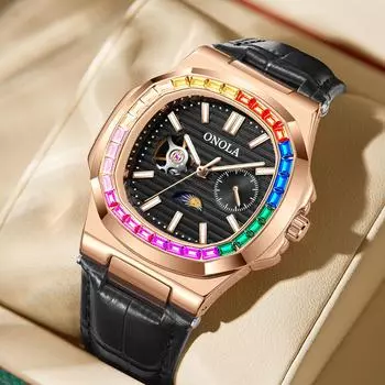 Турбийон, полые, полностью автоматические механические часы, мужские, украшенные бриллиантами, циферблат с фазами Луны, водонепроницаемые, светящиеся часы, праздничный подарок синий