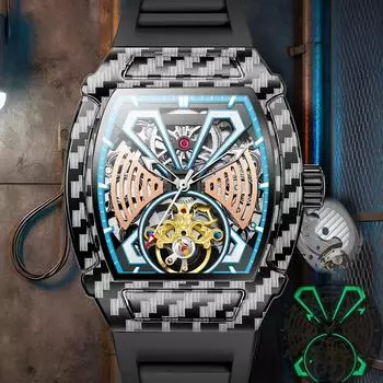 Турбийон, полый циферблат в форме бочки, автоматические механические часы, мужские водонепроницаемые светящиеся спортивные часы, подходящие для модной уличной одежды красный/чёрный