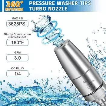 Турбонасадка для мойки высокого давления, вращающаяся для горячей и холодной воды с быстроразъемным соединением 1/4 из нержавеющей стали 3625 PSI