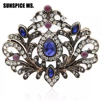 Турецкая женская брошь цвета античного золота синий