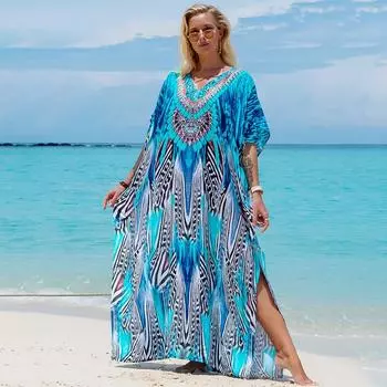Турецкий халат с принтом и рукавами «летучая мышь», летняя туника, купальник больших размеров, накидка для женских купальников, синие платья-кафтан One Size дубильная кора