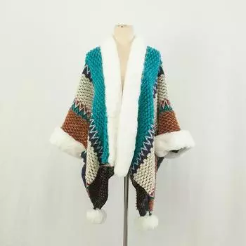 Туристическая шаль Lijiang Dali, характерная для туризма, с подвесным шаром, имитирующая мех кролика Рекс, большой меховой воротник, утолщенная вязаная накидка в этническом стиле для женщин One size светло-голубой