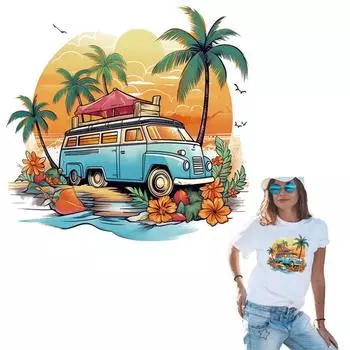 Туристический автобус, утюг на нашивке, летние пляжные толстовки с пальмами, футболка Diy Parches Ropa, наклейки на одежду, термопресс, аппликации, наклейки