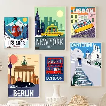 Туристический мир, город Лондон, Париж, Нью-Йорк, мультяшный декор для гостиной, постеры и принты, настенная живопись на холсте, настенная картина для дома A4 21X30cm No Framed