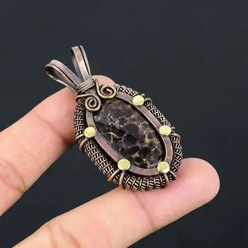 Турмалин Драгоценный камень Чистая медная проволока Обернутая ювелирная подвеска ручной работы 2.48 Inches медный