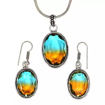 Турмалиновый комплект из драгоценных камней, подарок на свадьбу, двухцветный кулон, серьги, кольцо