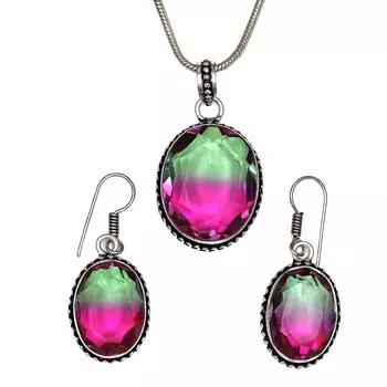 Турмалиновый комплект из драгоценных камней, подарок на свадьбу, двухцветный кулон, серьги, кольцо