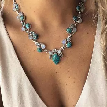 Turquoise Bohemian White Green Flower Necklace Female Accessories One Size