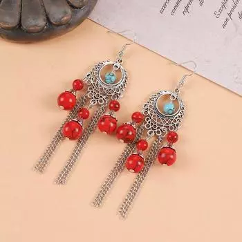 Turquoise fringed earrings women s exotic Tibetan long retro personalized earrings Chinese antique earrings