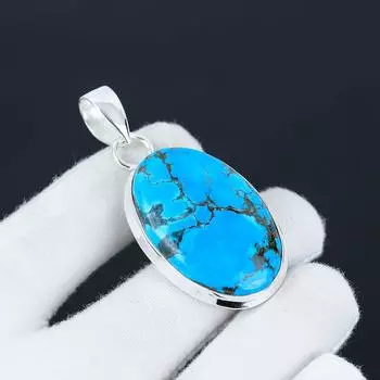 Подвеска из бирюзового камня, натуральный бирюзовый камень, ручная работа, серебряный 925 пробы, бирюзовый кулон для женщин, кулон для подарков 5.5 Cm. синий/чёрный