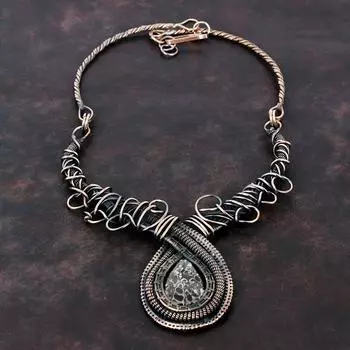 Ожерелье из агата Turritella, ожерелье из медной проволоки с драгоценными камнями, регулируемое ожерелье, старинные медные украшения, ожерелье ручной работы, подарок для женщин