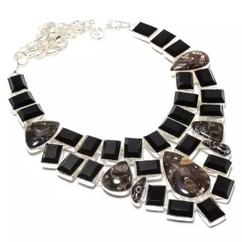 Turritella Fossil, Black Spinel 925 Sterling Silver Jewelry Necklace 18 I2o62