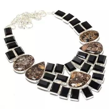 Turritella Fossil, Black Spinel 925 Sterling Silver Jewelry Necklace 18 K8l69