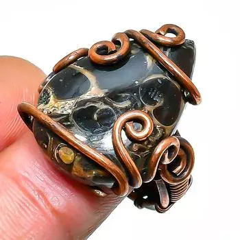 Кольцо из медной проволоки ручной работы с драгоценными камнями Turritella Fossil, размер 6,5