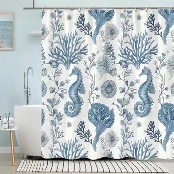 Turtle Shower Curtain Summer Beach Anchor Nautical Starfish Watercolour Art Creative Polyester Shower Curtains Bathroom Decor W90XH180cm
