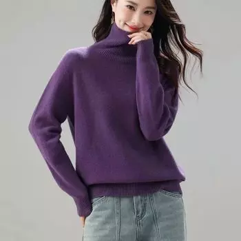 Turtleneck Base Pure Wool Sweater Female 2025 New Arrival Winter Pure Color Warm Keeping K-style Loose-Fitting Versatile Sweater Knitwear Flower Fairy purple One size