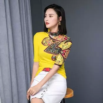 Turtleneck Bottoming Shirt European Station 2023 Autumn Clothing New Arrival Fashion Printed Mesh Half Sleeve T-Shirt Plus Size Yellow Tops Yellow XL