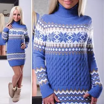 Turtleneck Woman Christmas Sweater Dress Long Snowflake Sweater Pullover L