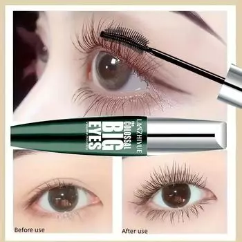 Тушь для ресниц с шелковыми волокнами, стойкая 24 часа - удлиняющая тушь - водостойкая, не размазывается, густая формула, создает стойкий эффект густого завитка чёрный