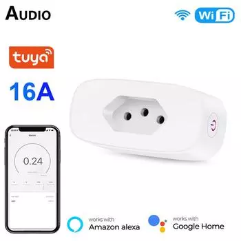 Tuya 16a Бразильская стандартная умная вилка Wi-Fi Smart Life Бразильская розетка с монитором мощности Голосовое управление для Alexa Google Home 1PC