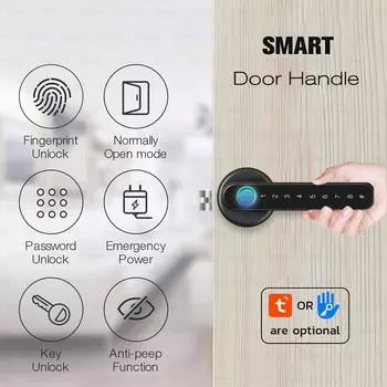 Tuya Bluetooth Smart Fingerprint Дверная ручка Замок Электронный пароль Приложение Удаленная разблокировка Отель Квартира Офис Аренда Дом tuya app чёрный