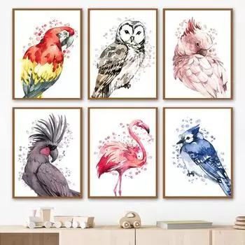 Tuya Цвет Птица Фламинго Сова Попугай Тукан Настенная картина на холсте Плакаты на скандинавскую тему и принты Настенная картина для декора гостиной 21cm30cm NoFrame