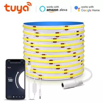 Tuya DC 5 В USB COB светодиодная лента 320 светодиодов/м беспроводной Wi-Fi пульт дистанционного управления с регулируемой яркостью шкаф для ТВ-подсветка лента Alexa Google голосовое управление 1M Kit белый