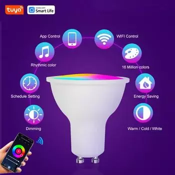 Светодиодная точечная лампа Tuya Lighting GU10 5 Вт с регулируемой яркостью, RGB-прожектор, луч 120°, цветовая температура 3000K-6500K (опция), направленный вниз светильник R16 белый