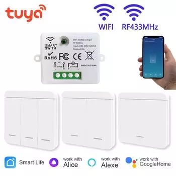 Tuya Mini WiFi+RF433/Only RF433 Light Switch APP Voice Control Wireless Switches Smart Life Work With Google Home Alexa Alice RF433 only