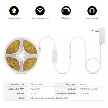 Tuya Smart Life WiFi COB CCT LED Strip Light DC24V 2700K-6500K Changeable Lamp Tape Dimmable Ribbon Work With Alexa Google Home 3m