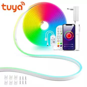 Tuya Smart Life WiFi Светодиодная неоновая лента 12 В Светодиодная лента RGB Неоновая вывеска Украшение ленты Alexa Google Home с зажимами Неоновая лента с набором вилок европейского стандарта 1M-EU Plug Set разноцветный