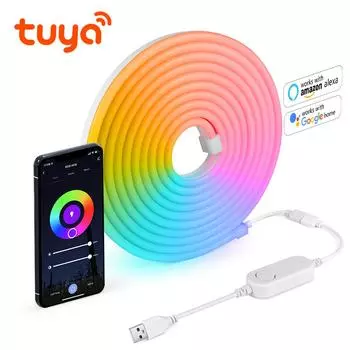 Tuya Smart Life WiFi светодиодная неоновая лента USB 5 В светодиодная лента RGB неоновая вывеска лента украшение Alexa Google Home силикагель с зажимами 1m