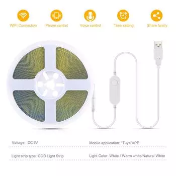 Tuya Smart Life WiFi USB 5V COB LED Strip 320LEDs/M Remote Control Dimmable Tape Ribbon LED Lights Work With Alexa Google Home 2m теплый белый