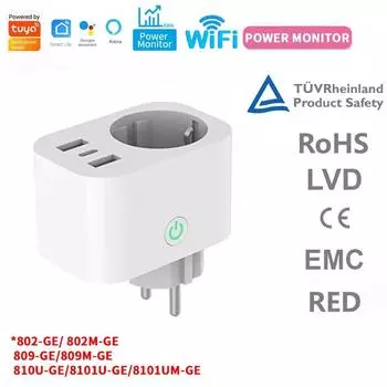 Tuya Smart Plug, Wi-Fi-розетка европейского немецкого стандарта с голосовым управлением, Alexa/Google Home, пульт дистанционного управления с таймером, монитор энергопотребления EU&1 Pack