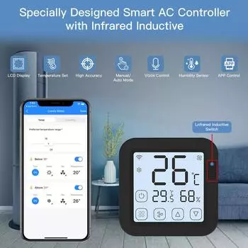 Tuya Smart Wi-Fi ИК-контроллер кондиционера термостат с ЖК-дисплеем App Control Температура чёрный