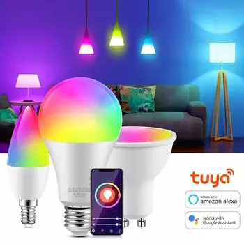 Tuya Smart WiFi LED Lamp E27 RGB E14 Candle Light Lamp GU10 AC 220V Dimmable Spotlight Lamp Work with Alexa Google Assistant