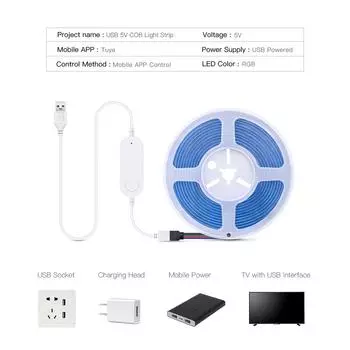 Tuya Smart WiFi RGB COB LED Strip Light USB 5V 576LEDs/M Remote Dimmable LED Tape Ribbon TV BackLight Kitchen Room Decoration 2M kit