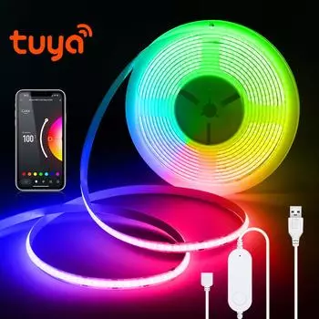 Tuya Smart WiFi RGB COB LED Strip Light USB 5V 576LEDs/M Remote Dimmable LED Tape Ribbon TV BackLight Kitchen Room Decoration 1M KIT