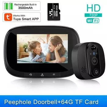 Tuya умный Wi-Fi дверной звонок с камерой 1080P, видеоглазок для двери, 4,3 дюйма, ЖК-экран, PIR, обнаружение движения, видеоглазок чёрный