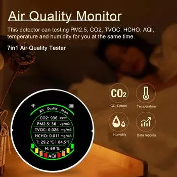 Tuya Wi-Fi 7в1 Многофункциональный измеритель качества воздуха PM2,5 CO2 TVOC HCHO AQI Температура Влажность Basic Version белый