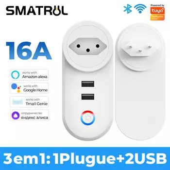 Tuya Wi-Fi Smart USB-розетка, бразильская вилка, адаптер для розетки 16a, зарядное устройство для голосового синхронизации, приложение Smart Life, электрическое для Google Home Alexa 1PCS-WiFi Socket