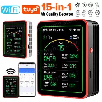 Tuya WiFi 15 в 1 детектор качества воздуха с управлением через приложение Портативный AQI PM0.3 PM1.0 PM2.5 PM10 Тестер бытовой CO CO2 TVOC HCHO Тестер чёрный