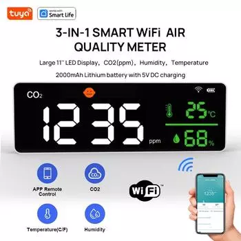 Tuya wifi 3in1Air Quality Monitor-многофункциональный детектор,измеритель температуры и влажности,детектор углекислого газа,11-дюймовый светодиодный большой экран