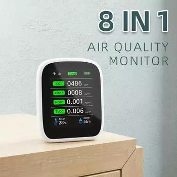 Tuya Wifi 8in1 PM1.0 PM2.5 PM10 CO2 TVOC HCHO Тестер температуры и влажности Портативный измеритель качества воздуха Детектор углекислого газа белый