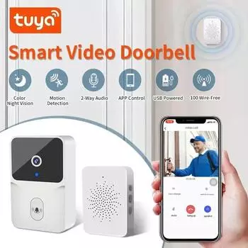 Tuya WiFi беспроводной визуальный дверной звонок умный дом HD камера интеллектуальный домофон обнаружение движения перезаряжаемый записывающий дверной звонок чёрный
