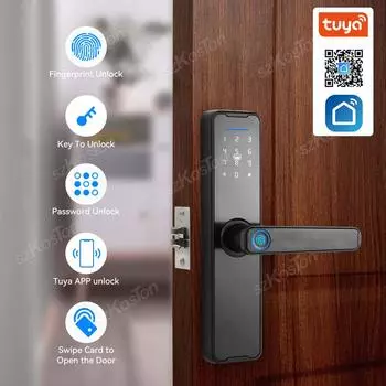 Tuya WiFi цифровой электронный умный дверной замок Умный дом Безопасность Защита Биометрический замок с отпечатками пальцев для квартиры и дома чёрный