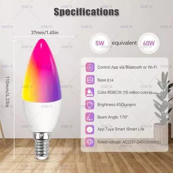 Tuya Wifi E14 Candle Lamp App Control Smart Lamp Bluetooth RGB+CW LED Light Dimmable Crystal Group Lamps Работает с Alexa Google