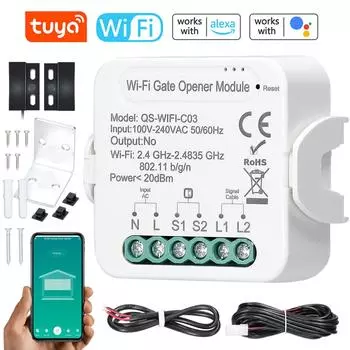 Tuya WiFi Gate Opener Smart Garage Door Opener Контроллер Автоматический выключатель Модуль Поддержка Alexa Google Home Voice/APP Control белый